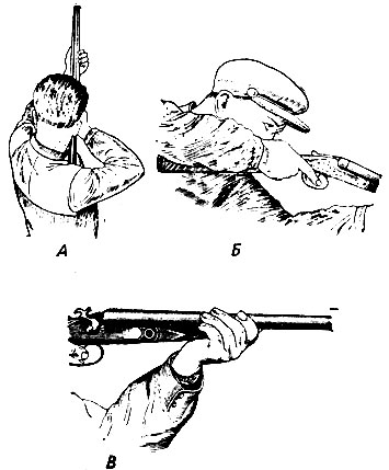 Изготовка стрелка: А - вид сзади; Б - вид сбоку; В - положение левой руки на цевье